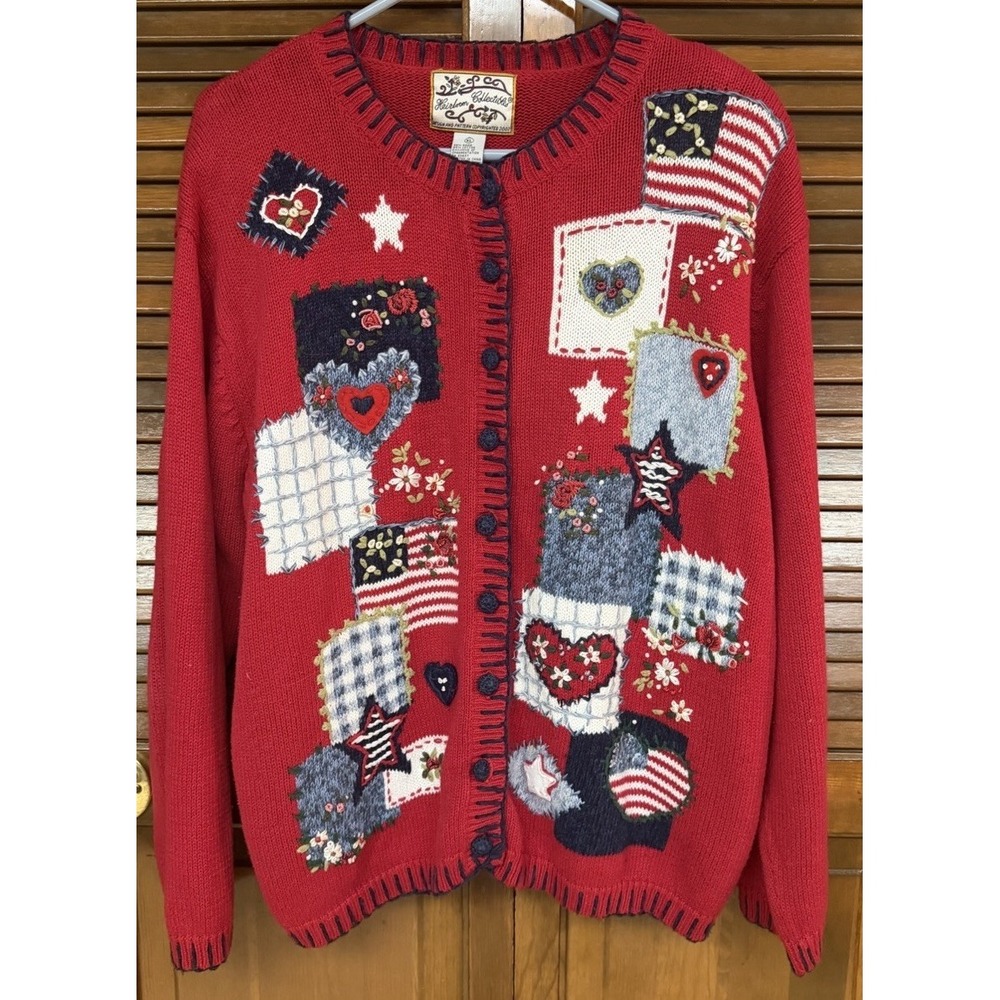 Heirloom Collectibles Patchwork Cardigan XL Cottagecore Grandma Folk Art Sweater